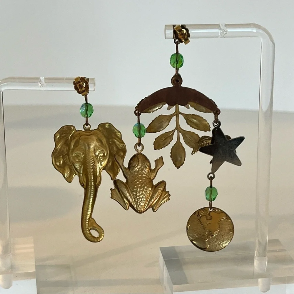 Vintage Island Magic Gold Tone Animal Charm Earrings